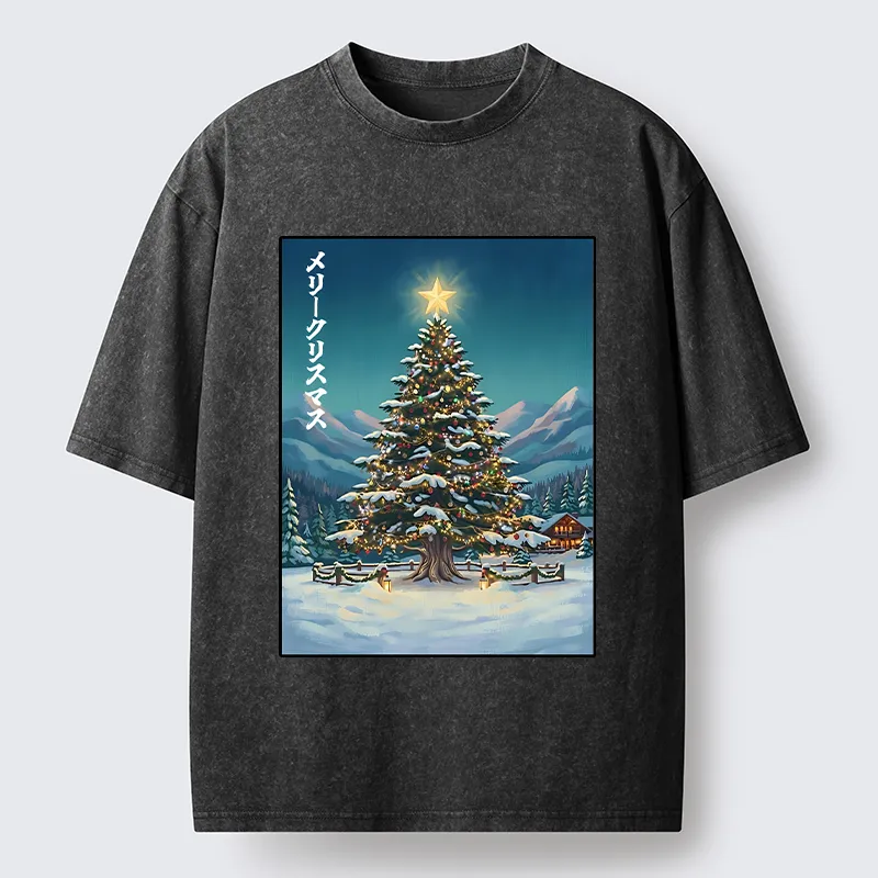 Tokyo-Tiger Snow Mountain Christmas Tree Vibe Washed T-Shirt