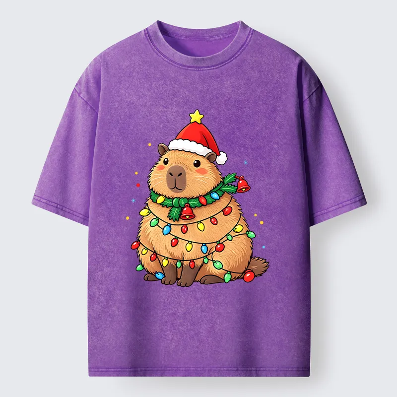 Tokyo-Tiger Chill Capybara In Christmas Outfit Washed T-Shirt