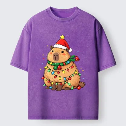 Tokyo-Tiger Chill Capybara In Christmas Outfit Washed T-Shirt