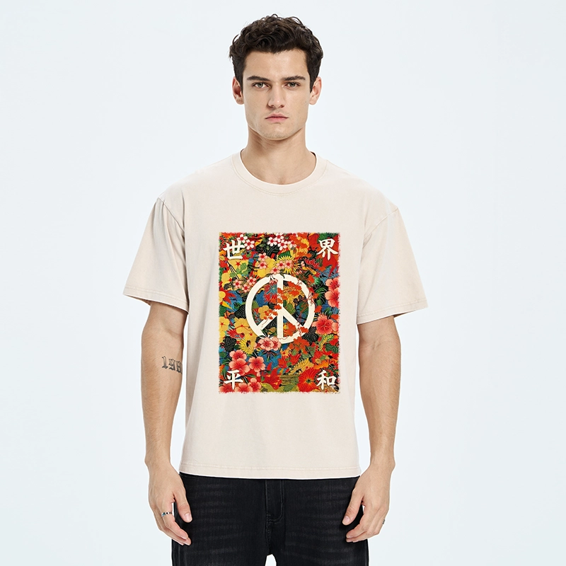 Tokyo-Tiger Bright Blooms Bring Global Calm Peace Washed T-Shirt