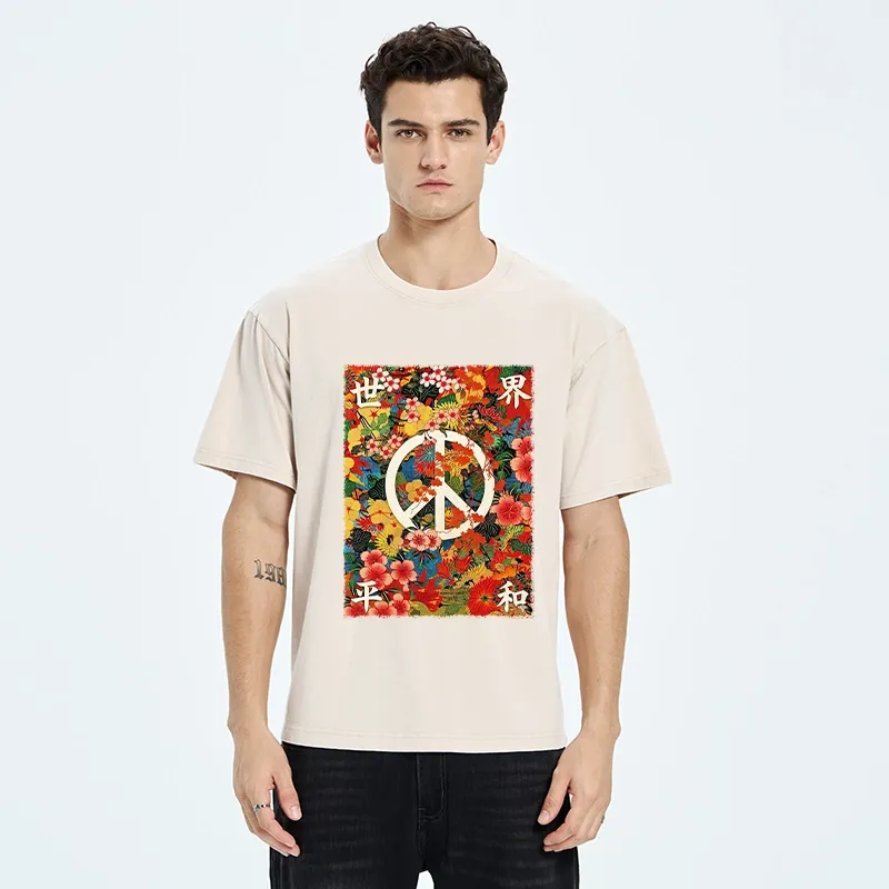 Tokyo-Tiger Bright Blooms Bring Global Calm Peace Washed T-Shirt