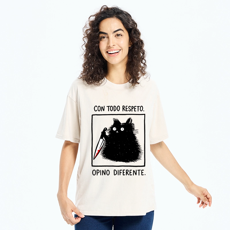 Tokyo-Tiger Black Cat Holds Knife Disagrees Washed T-Shirt