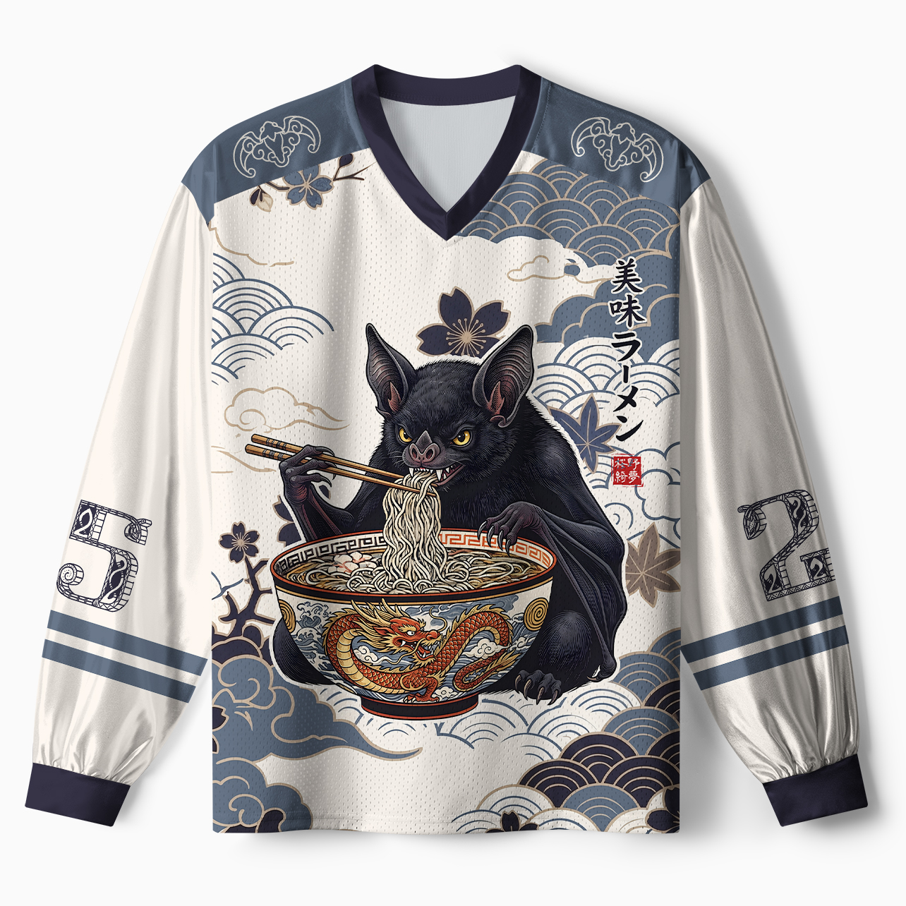 Tokyo-Tiger Japanese Bat Eating Ramen Paneled Long Sleeve Jersey