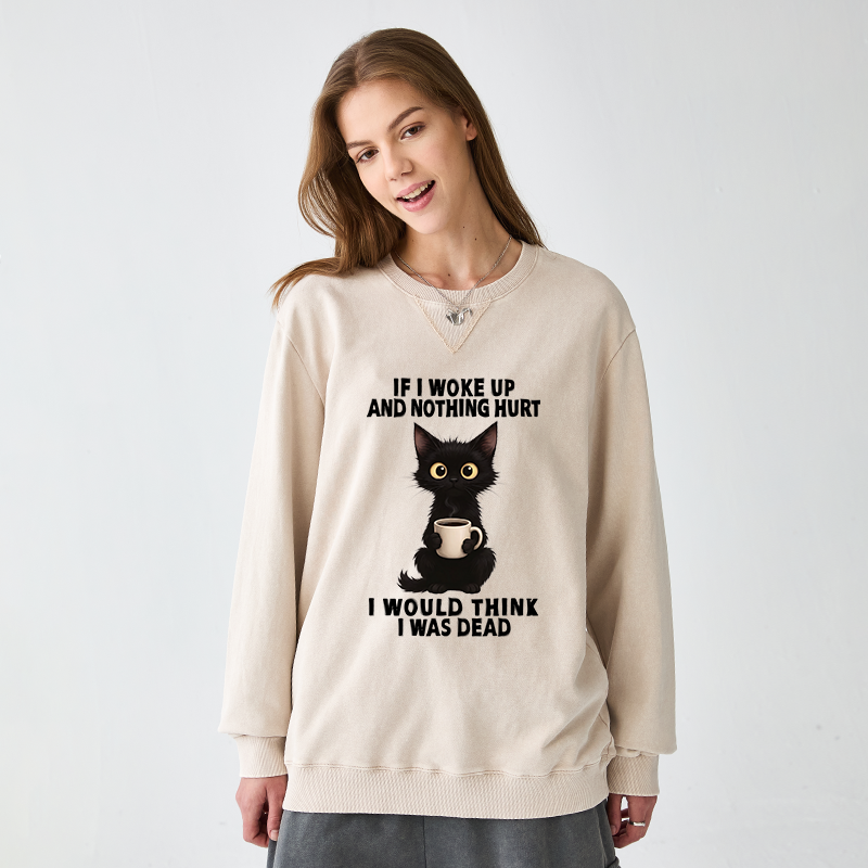 Tokyo-Tiger Funny Cute Black Cat And Coffee Meme Washed Terry Sweatshirt