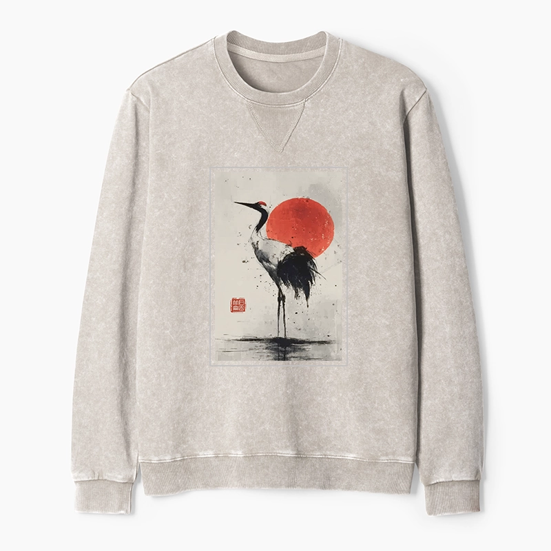 Tokyo-Tiger Retro Japanese Red-crowned Crane Washed Terry Sweatshirt