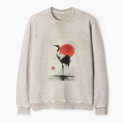 Tokyo-Tiger Retro Japanese Red-crowned Crane Washed Terry Sweatshirt