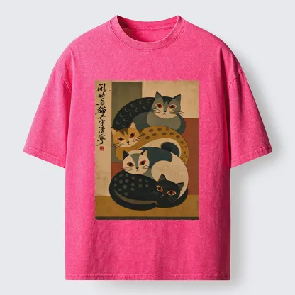 Tokyo-Tiger Retro Stack Cat Art Washed T-Shirt