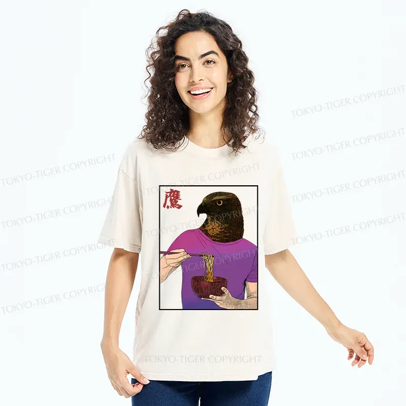 Tokyo-Tiger Eagle Eating Ramen Washed T-Shirt