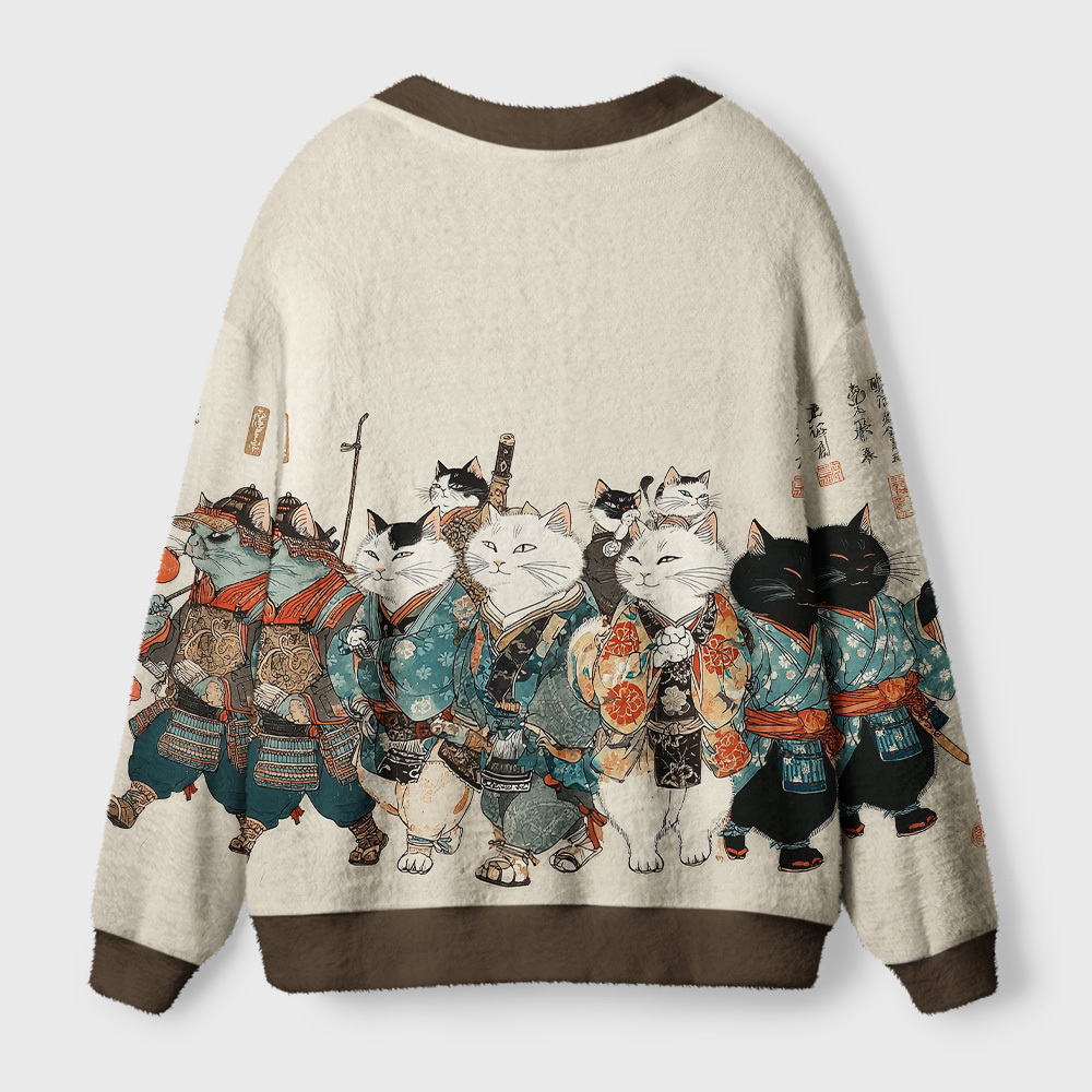 Tokyo-Tiger Samurai Cats Assemble Ugly Cardigan Sweater