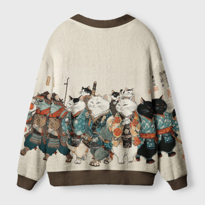 Tokyo-Tiger Samurai Cats Assemble Ugly Cardigan Sweater