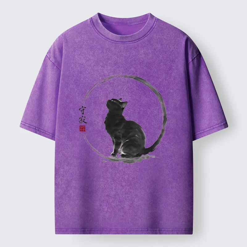 Tokyo-Tiger Traditional Zen Ink Cat Washed T-Shirt