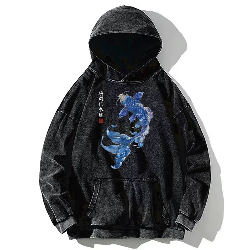 Tokyo-Tiger Lucky Blue Koi Fish Art Washed Hoodie