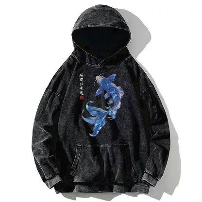 Tokyo-Tiger Lucky Blue Koi Fish Art Washed Hoodie