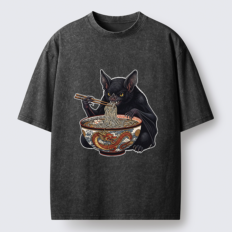 Tokyo-Tiger Bat Eating Ramen Washed T-Shirt