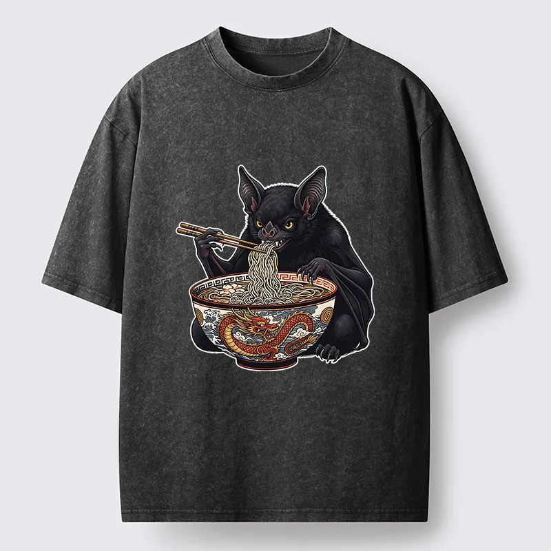 Tokyo-Tiger Bat Eating Ramen Washed T-Shirt
