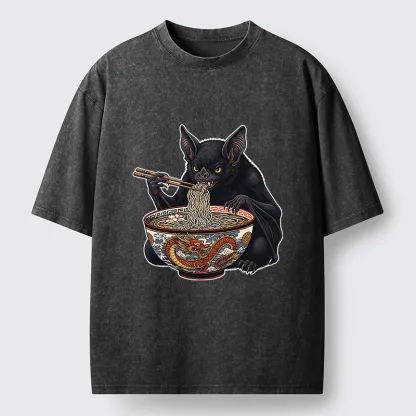 Tokyo-Tiger Bat Eating Ramen Washed T-Shirt