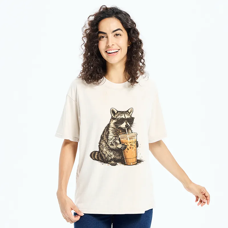 Tokyo-Tiger Raccoon Drinking Coffee FunnyWashed T-Shirt