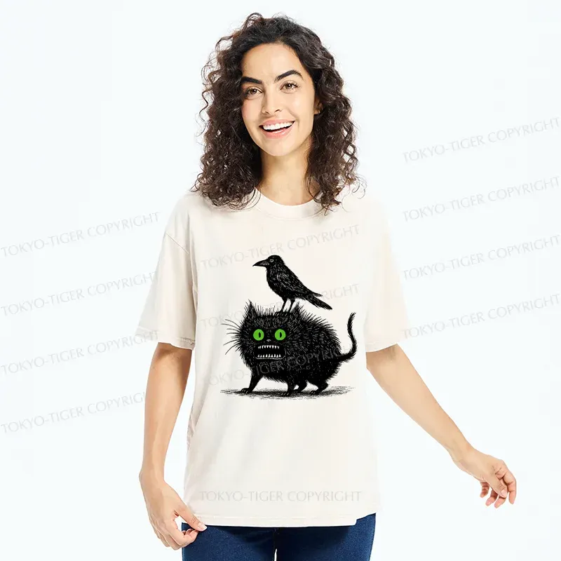 Tokyo-Tiger Crow And Black Cat Washed T-Shirt