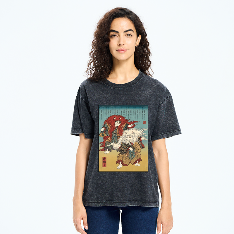 Tokyo-Tiger Traditional Japanese Kabuki Style Cat Art Washed T-Shirt