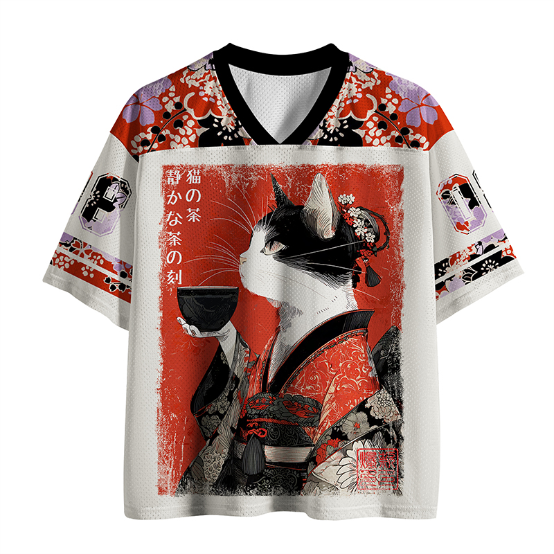 Tokyo-Tiger Kimono Tea Cat Red Vintage Ink Art Mesh Jersey