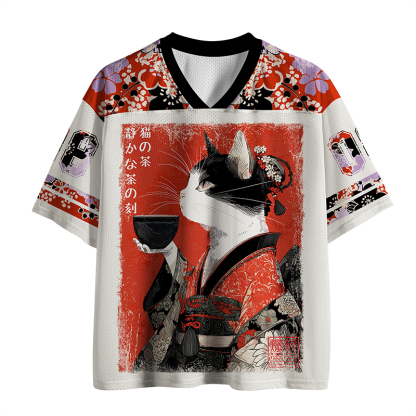 Tokyo-Tiger Kimono Tea Cat Red Vintage Ink Art Mesh Jersey