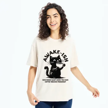 Tokyo-Tiger Staying Awake Because Of Coffee Washed T-Shirt