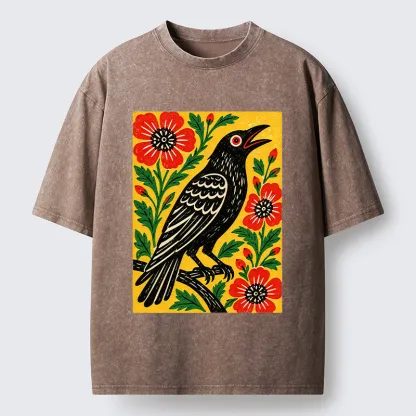 Tokyo-Tiger Vintage Crow Flower Folk Art Washed T-Shirt