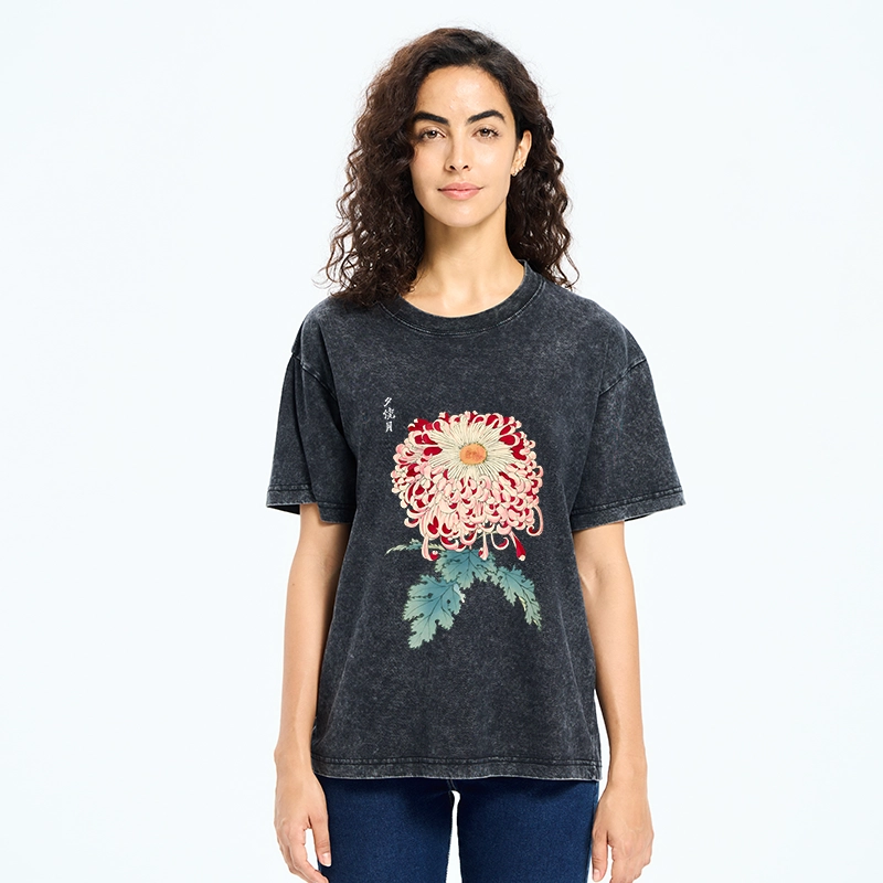 Tokyo-Tiger Vintage Chrysanthemum Art Washed T-Shirt