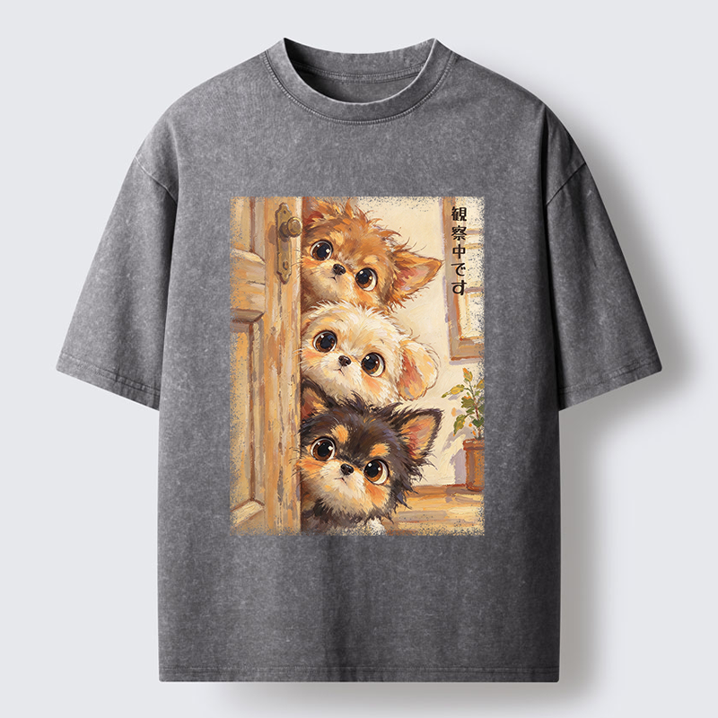 Tokyo-Tiger Puppies Are Peeking At You Washed T-Shirt