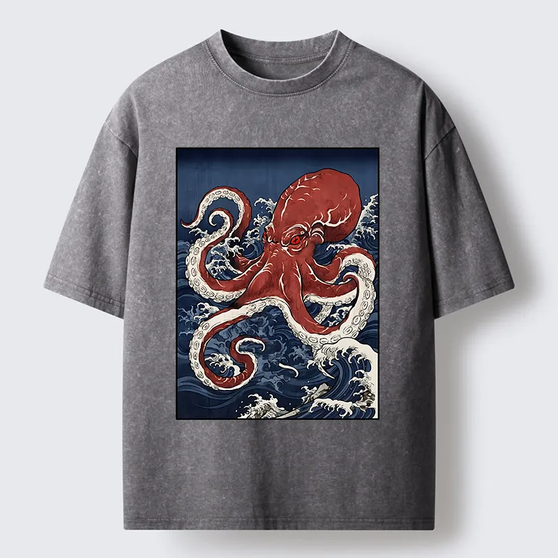Tokyo-Tiger Japanese Octopus Wave Washed T-Shirt