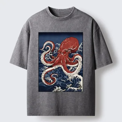 Tokyo-Tiger Japanese Octopus Wave Washed T-Shirt