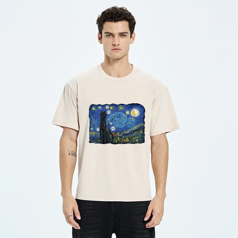 Tokyo-Tiger Cat Under The Starry Night Washed T-Shirt
