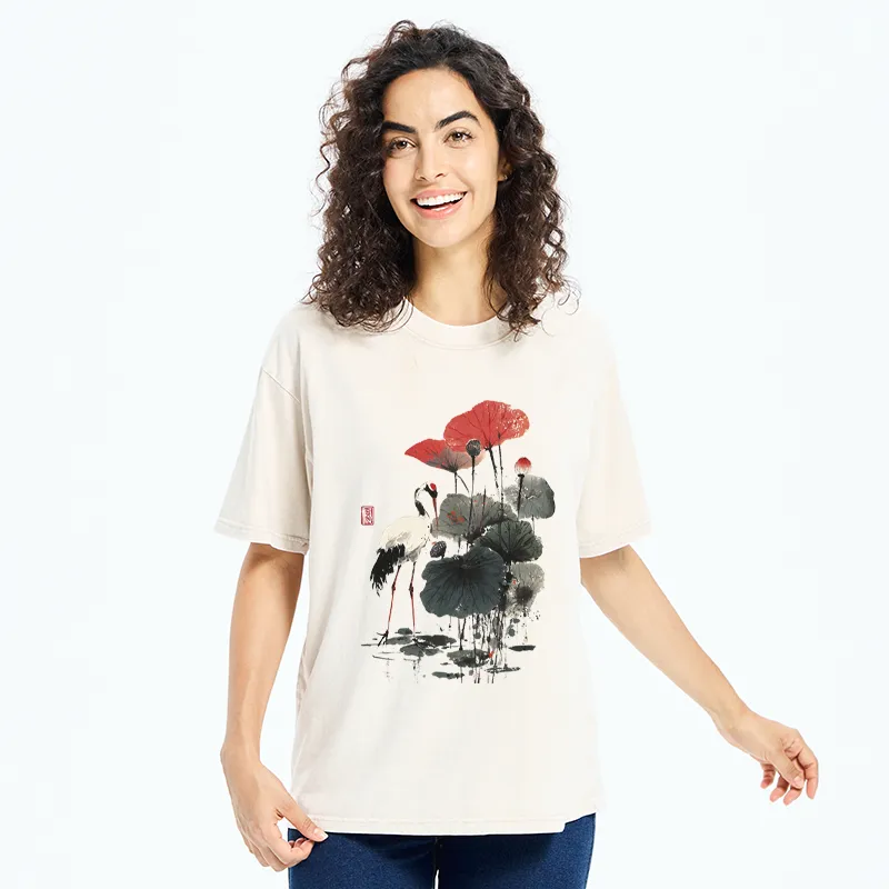 Tokyo-Tiger White Crane Among Lotus Washed T-Shirt