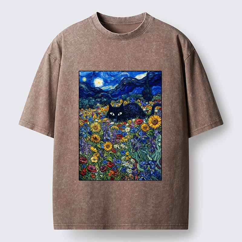 Tokyo‑Tiger Starry Night Cat Washed T‑Shirt