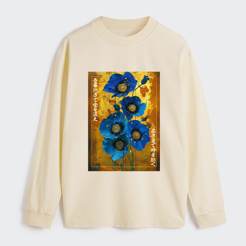 Tokyo-Tiger Shiny Blue Flower Warm Golden Background Classic Long Sleeve T-Shirt