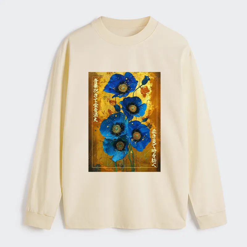 Tokyo-Tiger Shiny Blue Flower Warm Golden Background Classic Long Sleeve T-Shirt