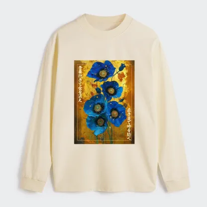Tokyo-Tiger Shiny Blue Flower Warm Golden Background Classic Long Sleeve T-Shirt
