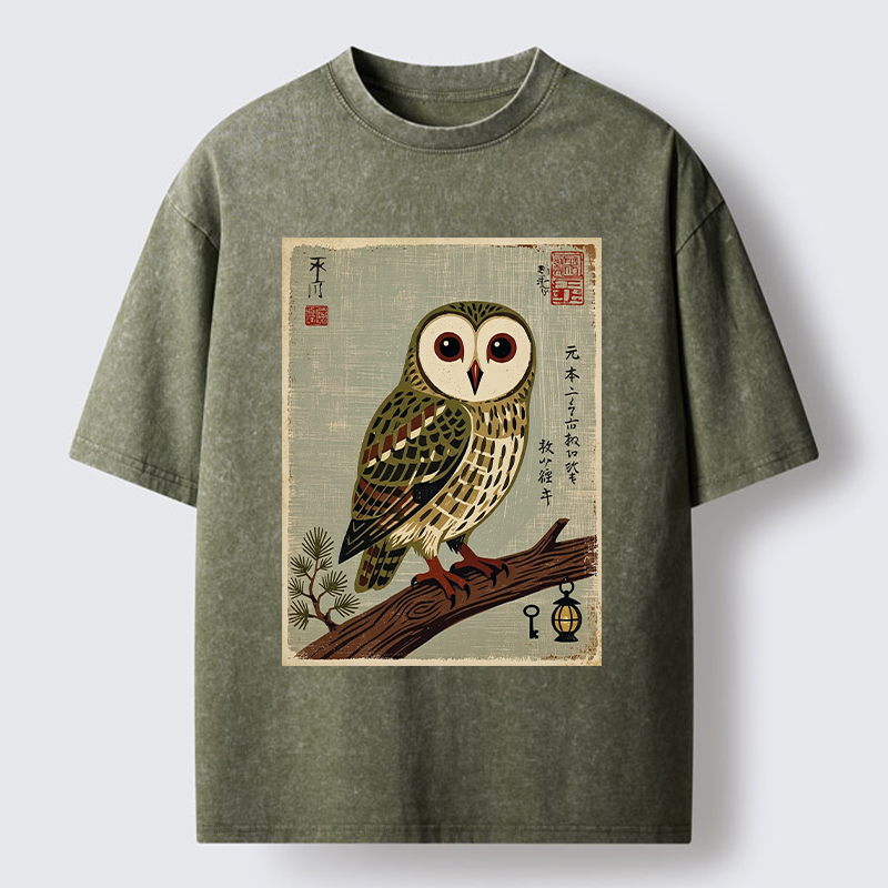 Tokyo-Tiger Vintage Woodblock Owl Art Washed T-Shirt