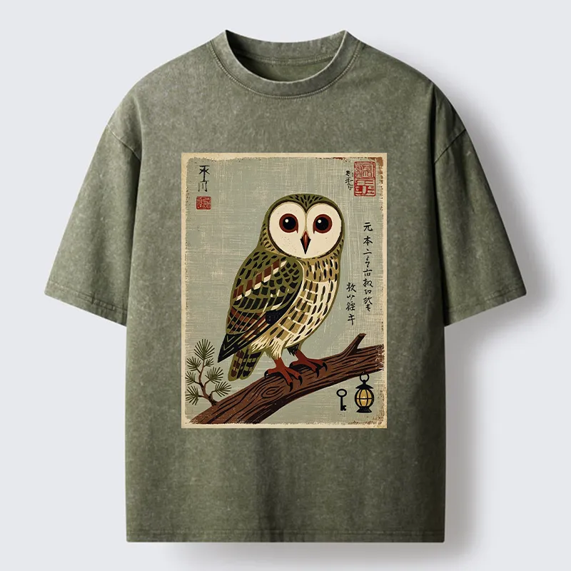 Tokyo-Tiger Vintage Woodblock Owl Art Washed T-Shirt