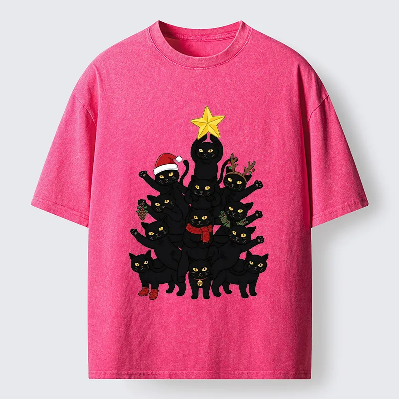 Tokyo-Tiger Stacked Black Cat Christmas Tree Washed T-Shirt