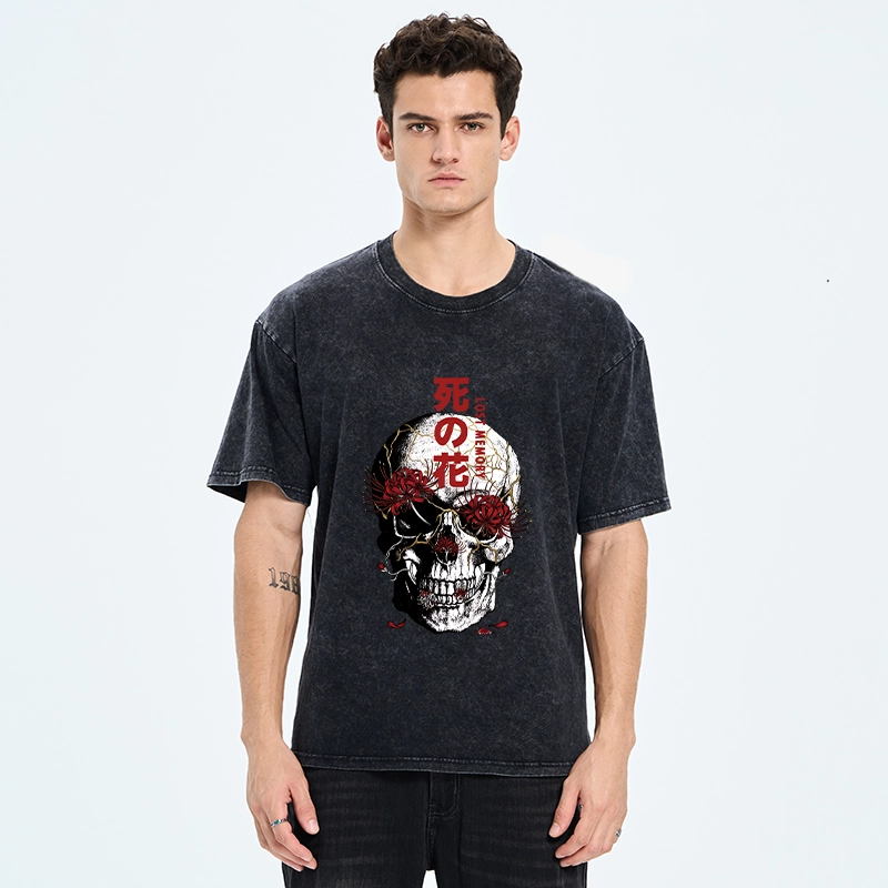 Tokyo-Tiger Dark Goth Spider Lily Skull Art Washed T-Shirt