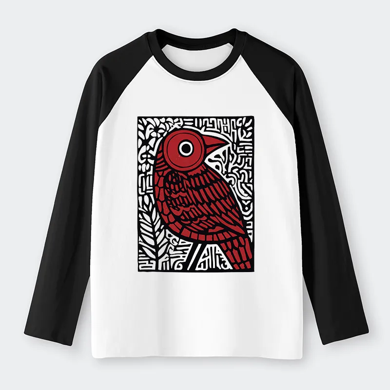 Tokyo-Tiger Retro Woodblock Bird Raglan Long Sleeve T-shirt