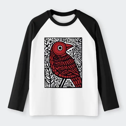 Tokyo-Tiger Retro Woodblock Bird Raglan Long Sleeve T-shirt