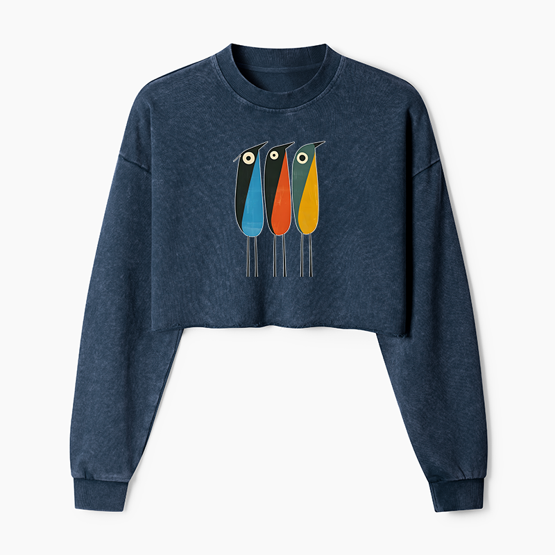 Tokyo-Tiger Bold Shape Birds Washed Crop Sweatshirt