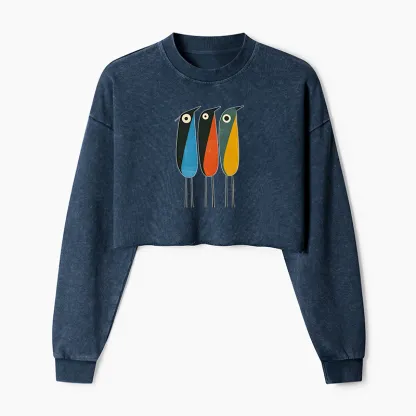 Tokyo-Tiger Bold Shape Birds Washed Crop Sweatshirt