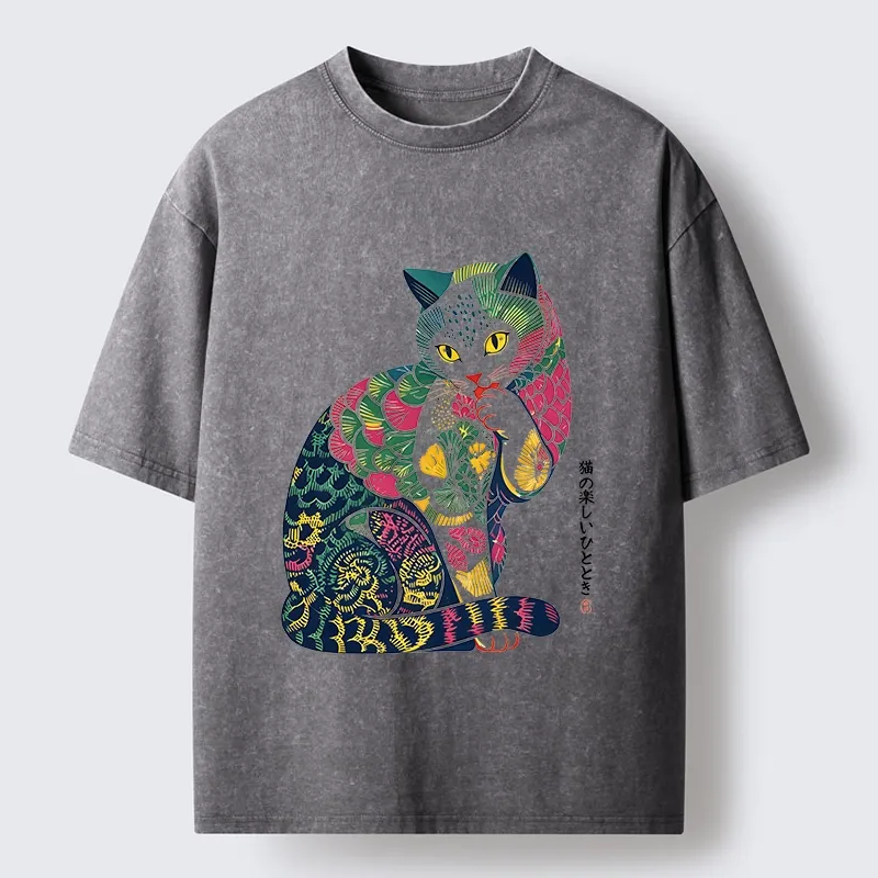 Tokyo‑Tiger Colorful Japanese Cat Washed T‑Shirt
