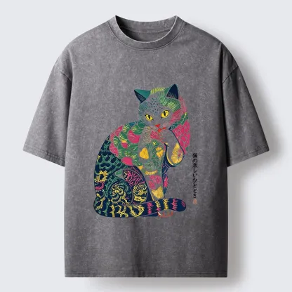 Tokyo‑Tiger Colorful Japanese Cat Washed T‑Shirt