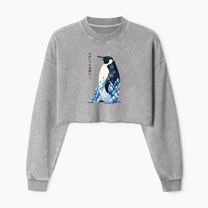 Tokyo-Tiger Keep Calm Penguin Washed Crop Sweatshirt