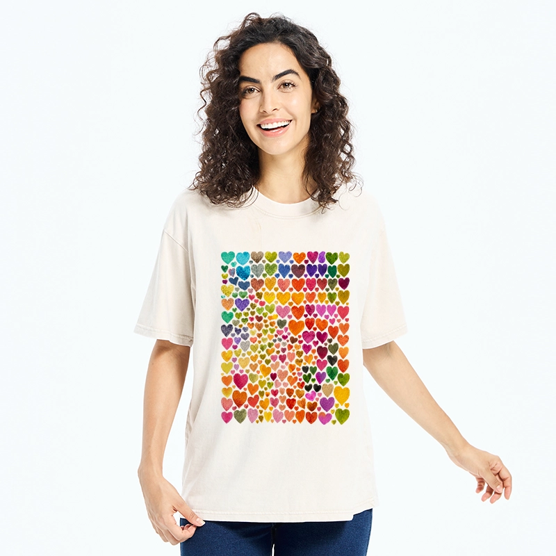 Tokyo-Tiger Rainbow Hearts Fill Full Art Grid Washed T-Shirt