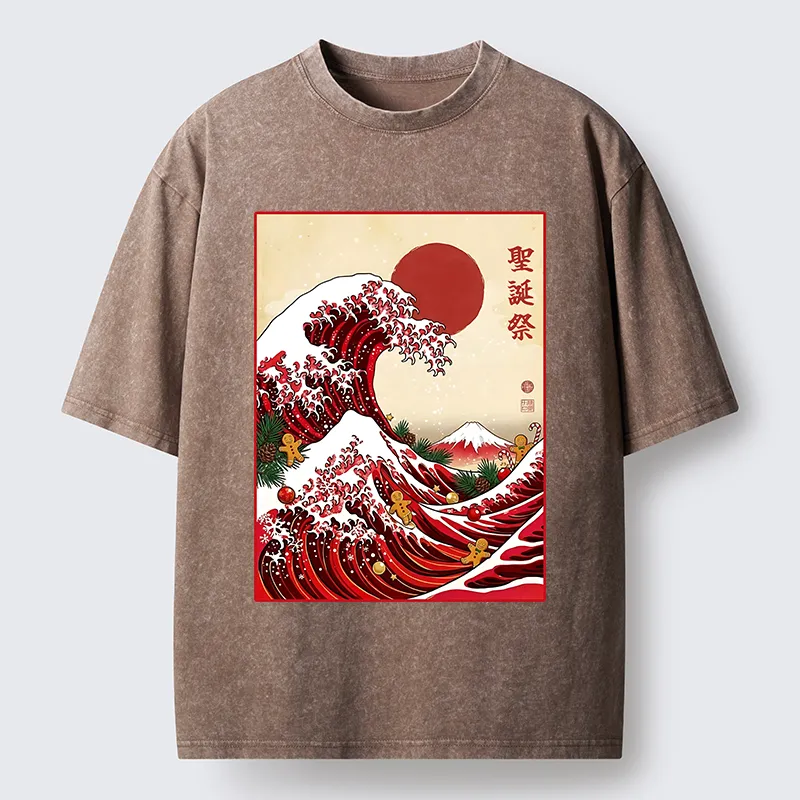 Tokyo-Tiger Gingerbread Surf Christmas Wave Washed T-Shirt